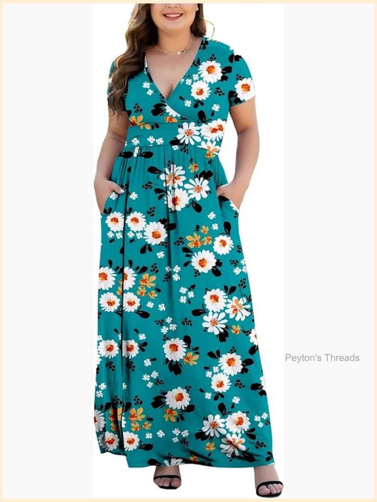 Plus Size V-Neck Maxi Dress With Pockets Short Sleeve